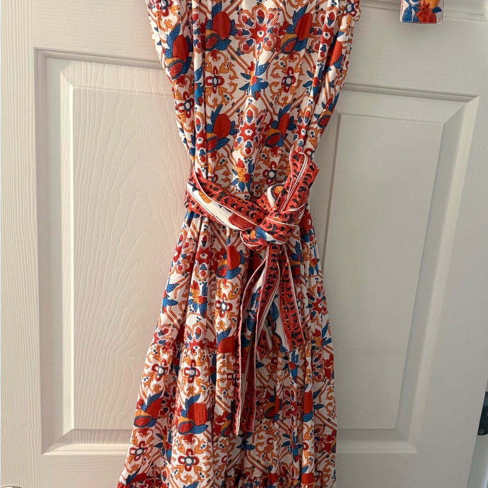 Victoria Dunn- XS, Floral Print Wrap Dress in Cream with Red & Blue Accents. NWT - Picture 3 of 8